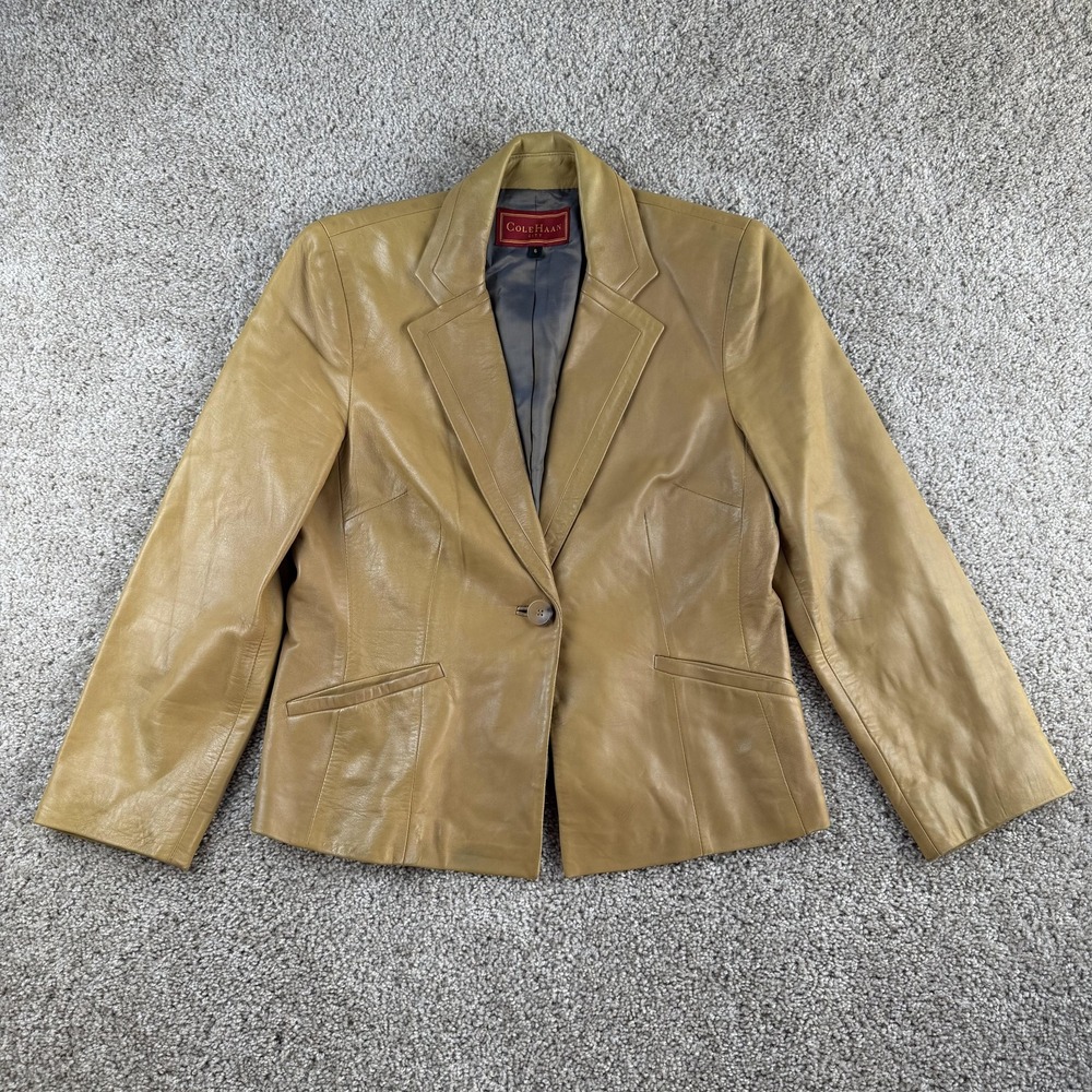 Cole Haan Blazer Jacket Womens 6 Brown Leather Single Button Lined USA City